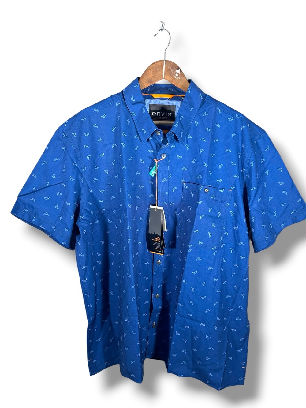 NWT Orvis Fish Printed Tech Chambray Short-Sleeved Shirt Size XXL